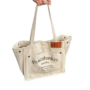 Logotipo impresso personalizado barato lona sacola de compras grande capacidade bolsa de ombro com bolso externo