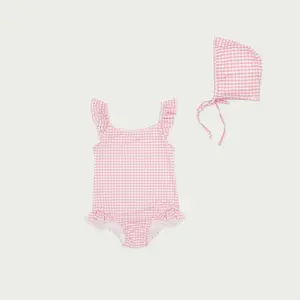 OEM 귀여운 핑크 격자 무늬 주름 장식 민소매 원피스 수영복 12 세 아기 소녀 수영복 공급 업체