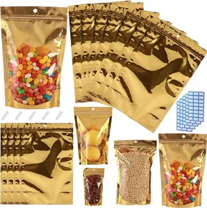 Reclosable Mylar Bags Stand Up Zip Lock Bags With Clear Window Golden Smell Proof For Food Snack Bags