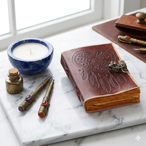 Diario de cuero repujado hecho a mano con diseño de atrapasueños en forma de corazón, diario bohemio vintage con cierre en C, cuaderno de escritura rústico (7x5 pulgadas) - Product Image 1