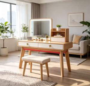 Coiffeuse scandinave en bois de hêtre massif avec miroir et tiroirs de rangement, ensemble de table de maquillage pour chambre à coucher - Product Image 6
