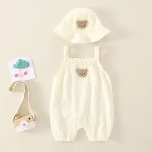 Summer Thin Suspender Cotton Gauze Jumpsuit With Hat Baby Boys And Girls Romper Set 2 Pieces Set Wholesale