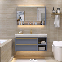 Ensemble de meubles-lavabos modernes de luxe à vasque simple, miroir mural flottant, charnière coulissante en acier inoxydable à fermeture douce, panneau en mélamine