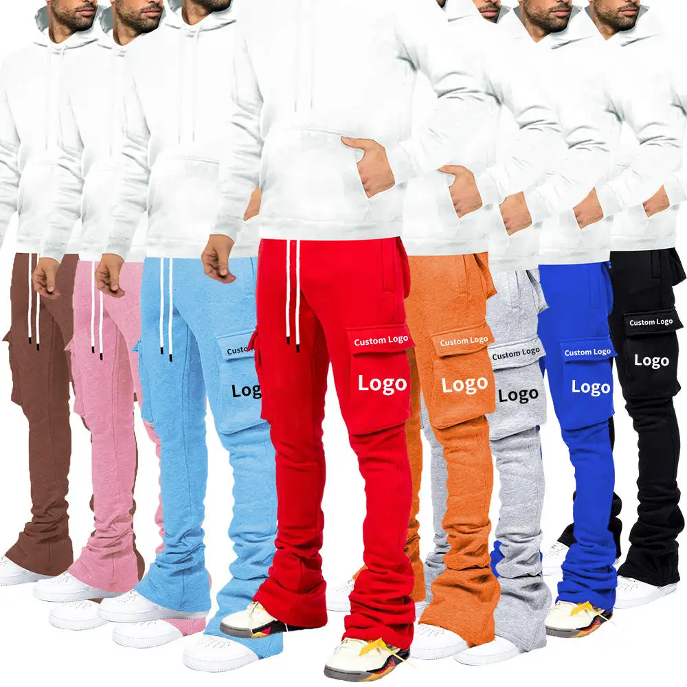 Özel Logo erkekler yığılmış Joggers İpli cep katı Streetwear erkek Sweatpants Flare kargo yığılmış pantolon pantolon