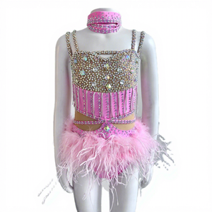 LIUHUO Set Costume da Ballo per Bambini Fucsia con Top Corto Decorato con Strass e <span class=keywords><strong>Gonna</strong></span> con <span class=keywords><strong>Piume</strong></span> - Product Image 1