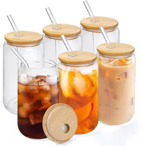 Coffee drink glasses cup reusable clear shaped soda 16 oz beer can glass with lid and straw