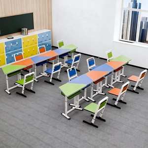 Meubles de classe scolaire modernes et écologiques de bonne qualité GUANGWEI, <span class=keywords><strong>table</strong></span> et chaise de groupe trapézoïdale, hauteur réglable pour les élèves - Product Image 3