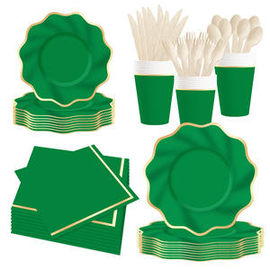 ชุดอุปกรณ์บนโต๊ะอาหารกระดาษลายคลื่นสีเขียวปั๊มทอง DAMAI ประกอบด้วยจาน ถ้วย กระดาษเช็ดปาก แบบใช้แล้วทิ้ง - Product Image 2