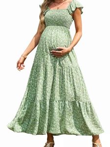 Floral Print Maternity Maxi <b>Dress</b> With Ruffles Cap Sleeve A-Line Loose Chiffon Summer Boho Style <b>Elastic</b> Waist Square Collar - Product Image 3