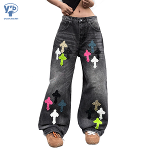 YUANBOFEI <span class=keywords><strong>Jeans</strong></span> Personalizzati da <span class=keywords><strong>Donna</strong></span>, Stile Vintage Lavato con Stampa a Croce Bianca e Nera, Versatili e Super Comodi per lo Streetwear - Product Image 1