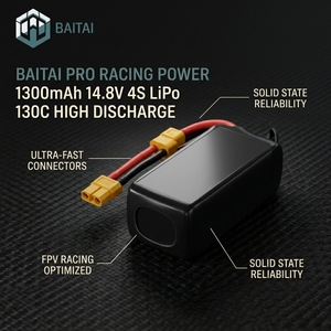 แบตเตอรี่ลิเธียมโพลิเมอร์แบบโซลิดสเตท 1300mAh 14.8V 4S 130C สำหรับการปล่อยประจุสูง เหมาะสำหรับโดรน RC และโดรนแข่ง FPV - Product Image 1