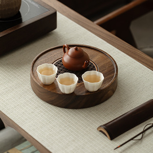 Guanlan Walnut Wood <b>Tea</b> Tray Round Water Storage Drainage Solid Wood Dry Brewing Table Small <b>Tea</b> <b>Set</b> Tray Home Use - Product Image 2