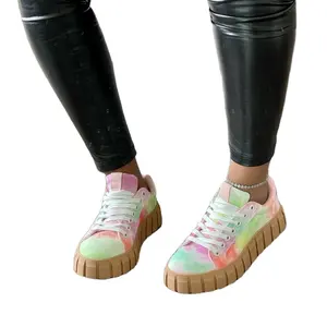 Zapatos informales de lona con cordones para mujer, calzado de punta redonda con fondo grueso, estampado de talla grande, venta al por mayor