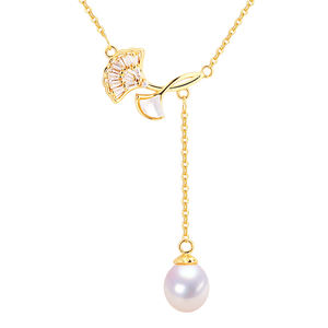 Collier en perles d'eau douce naturelles avec pendentif en forme de feuilles de ginkgo et coquillages, vente en gros SHDIYAYUN, bijoux pour femmes - Product Image 1