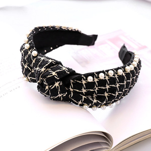 Ethnic Style Wide <strong>Headband</strong> for Fall and Winter <strong>Black</strong> and <strong>White</strong> Check Print - Product Image 3