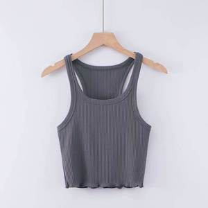 Nouveau corsage de couleur unie en <span class=keywords><strong>bois</strong></span>-oreille ourlet épaule étroite sans manches gilet pour les femmes broderie personnalisée tissu côtelé débardeur - Product Image 3