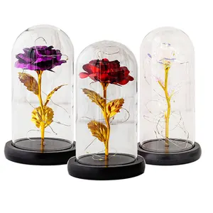 custom red/purple/white 24k gold rose glass dome with black base with led wholesale cheap clear glass flower display dome