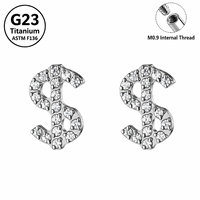 Piercing d'oreille en titane ASTM F136 avec signe dollar et zircon cubique, filetage interne M0.9, dos plat, style Hip Hop Streetwear, pour un look personnalisé et affirmé