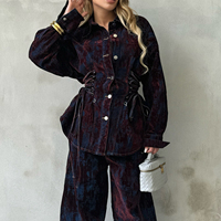 Nouvelle Collection Automne 2026 : Ensemble en Jean Imprimé Abstrait avec Ceinture, Veste et Pantalon en Denim Color Block pour Femme