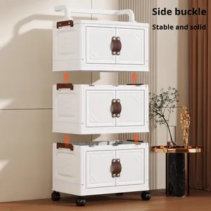 Cream Plastic Modular <strong>Storage</strong> Cabinet Leather Loop Handle Diagonal Stripe Door 2 3 4 Tier Organizer with Wheels Home Wholesale - Product Image 3