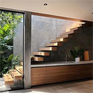 Escalera Flotante de Madera <span class=keywords><strong>con</strong></span> Iluminación <span class=keywords><strong>LED</strong></span> para Villas, Diseño Minimalista Inteligente <span class=keywords><strong>con</strong></span> Paneles de Vidrio Templado - Product Image 6