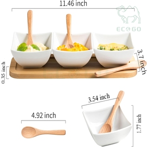 ชุดถาดเสิร์ฟอาหารไม้ไผ่ 3 ชิ้น พร้อมถ้วยเซรามิกสำหรับน้ำจิ้มและช้อน - Product Image 6