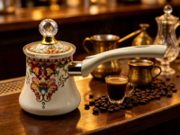 Cafetière turque vintage en émail floral coloré avec couvercle en cristal, poignée résistante à la chaleur, ibrik pour cuisinière, cafetière arabe