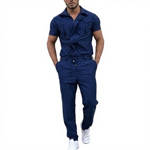 Hot Sale Plaid Short-sleeved <b>Knitted</b> Zip up One Piece Work Jumpsuit Hip Hop Summer Track Jogger Suit <b>Sets</b> for Men - Product Image 2