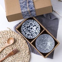 Cadeau Japonais Coloré Peint à la Main Blanc et Bleu Porcelaine Céramique Alimentaire Riz Soupe Nouilles Ramen Sets de Bols