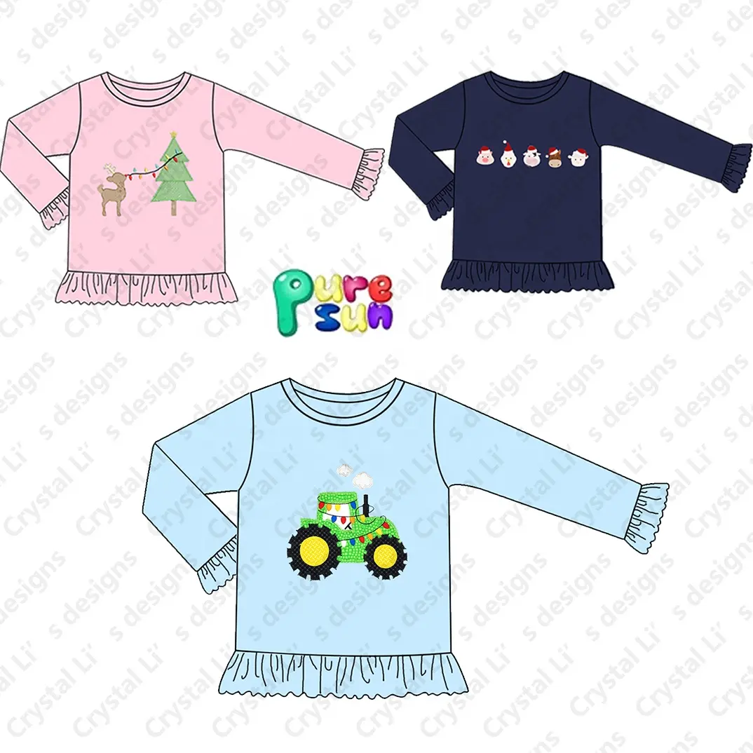 T-shirt de Noël personnalisé pour enfants, chemise à volants pour filles, chemises à manches longues pour enfants, vente en gros