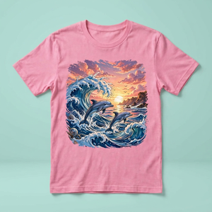 Camiseta Personalizada con Estampado de Delfín Rosa y Olas, Camiseta de Algodón con Gráfico de Atardecer y Océano para Mujer, Estilo Playero y Surf, Top de Verano al por Mayor - Product Image 1