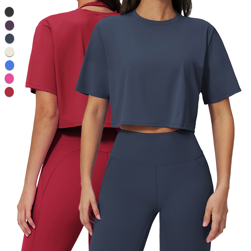FDX3091 Women Cropped Yoga T-Shirt Loose Crew Neck Short Sleeve Top Casual Breathable Sportswear for Running Gym