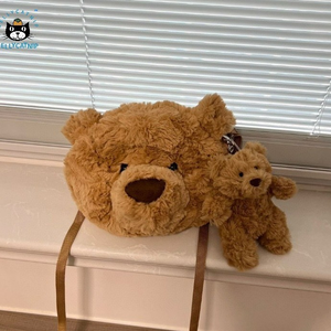 Bolso Bandolera con Cabeza de Oso de Peluche de <span class=keywords><strong>Barcelona</strong></span>, Bolso de Hombro con Cara de Peluche, Bolso Mensajero de Peluche Suave con Relleno de Algodón PP, Correa Ajustable - Product Image 1