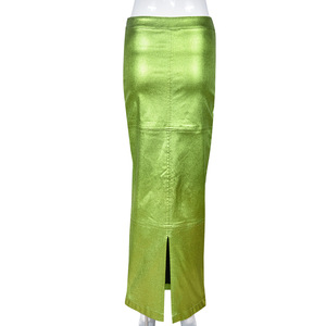 Jupes d'été en <span class=keywords><strong>cuir</strong></span> Pu pour femmes Jupes longues taille haute Jupes Maxi vertes fendues Night Club Cute Casual Slit Skirt - Product Image 4