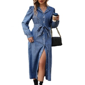 Robe midi en jean élégante sur mesure à manches longues avec ceinture et col à revers pour femmes - Product Image 1