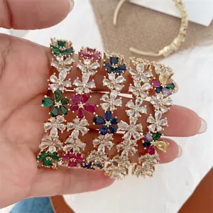 2023 Trendy Colorful Crystal Bracelet Bangles 24K Gold Plated Rainbow Cubic Zirconia Flower Bangle jewelry women ladies