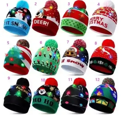 Led Christmas Hat Light-Up Sweater Knitted Santa Christmas Gift Kids Adult Xmas Christmas Hats with Leds Lights