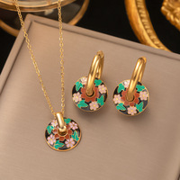 Nouvel Ensemble de Bijoux Haut de Gamme en Acier Inoxydable Collier et Boucles d'Oreilles Motif Végétal Coloré à l'Huile, Vente en Gros pour Femmes