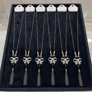 PingBling Collier long élégant avec pendentif nœud papillon en cristal, perle centrale, pompon à perles noires, argent antique, tendance - Product Image 3