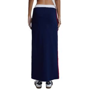 Jupe longue de style sport pour femme avec logo personnalisé, en jersey de coton tricoté, à rayures latérales, jupe maxi, jupe midi sportive marine - Product Image 3