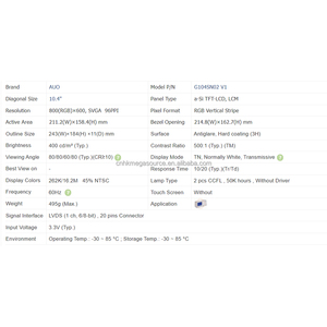 Pantalla LCD TFT Original Nueva de Buena Calidad con Retroiluminación de 10.4 Pulgadas 800*600 Panel LCD G104SN02 V1 - Product Image 2