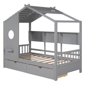 Lit superposé moderne en bois pour enfant avec 2 tiroirs, lit enfant avec étagère de rangement, gris - Product Image 5