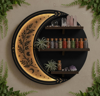 Étagère murale en bois en forme de croissant de lune avec LED, 3 niveaux, pour l'affichage de bouteilles d'huiles essentielles en cristal, style gothique bohème, décoration murale