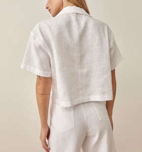 Lapel Collar Vintage Chic Crop Jacket Half Sleeve Button up <strong>Linen</strong> <strong>Top</strong> for Women - Product Image 2