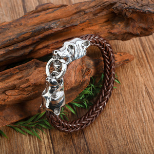 Bracelet en alliage tête de loup, en cuir tressé, design du zodiaque animal, pour hommes et femmes, bijoux - Product Image 4