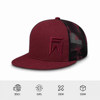 Casquette Trucker Camouflage Bourgogne Haute Qualité avec Logo Brodé 3D Personnalisé, Casquette Snapback en Maille Éponge à Visière Plate, Style Hip Hop Tendance