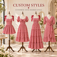 Robe midi pour femme en gros, tissée à carreaux, avec bretelles à nœud papillon, corsage corset, jupe froncée et ourlet à volants, coupe trapèze