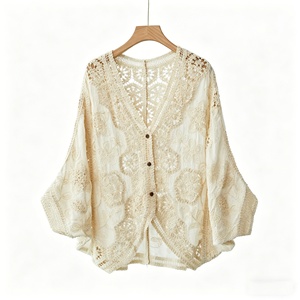 <span class=keywords><strong>Cardigan</strong></span> en dentelle crochetée bohème, cache-maillot de plage <span class=keywords><strong>vintage</strong></span> brodé à manches chauve-souris ajourées pour <span class=keywords><strong>femme</strong></span>, haut décontracté en maille ample - Product Image 1