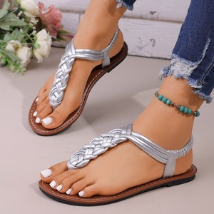 Women Braided T‑Strap Flat Thong <b>Sandals</b> <b>Elastic</b> Ankle Strap Summer Open Toe Beach Casual Walking Shoes - Product Image 2