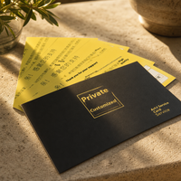 Cartes de soins personnalisées imprimées en noir et jaune avec cadre doré et texte de remerciement chaleureux pour les packs de cartes de remerciement pour acheteurs privés